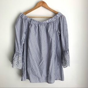 beachlunchlounge off the shoulder blue striped top